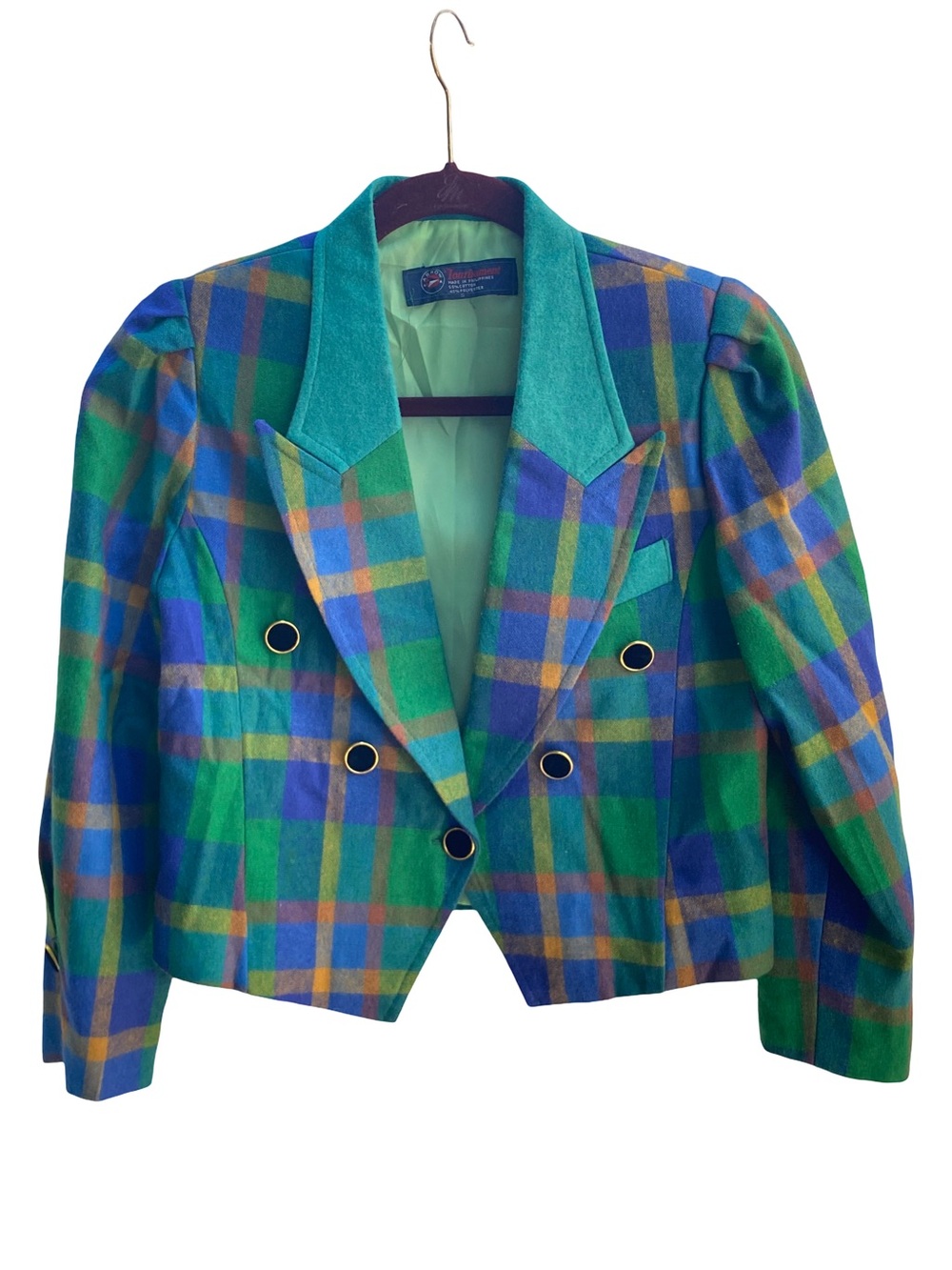 Vintage Arrow Tournament cropped plaid green velvet button blazer size S/M
